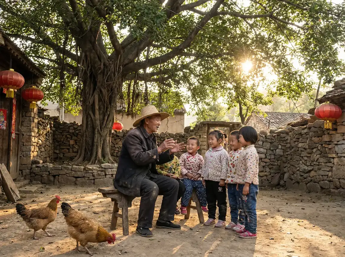老人在大榕树下给孩子们讲故事 - 夏娃韩国电视剧 乡村记忆